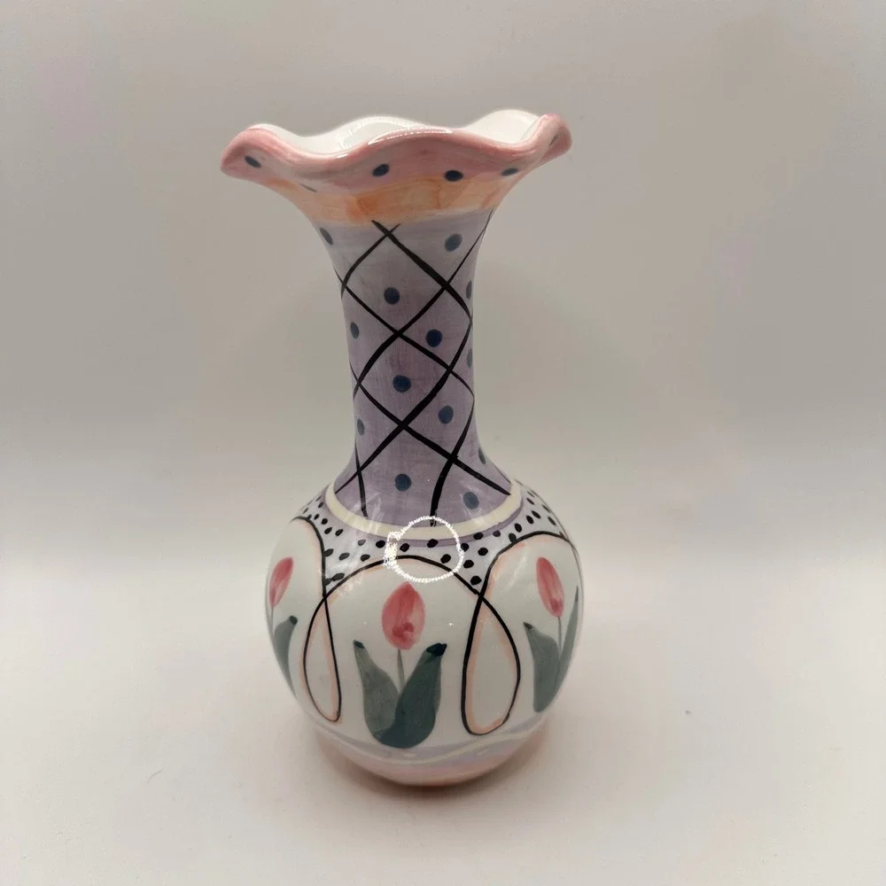 Laura Ashley Collection Cardinal Handpainted Ceramic Vase Pink Tulip Ruffled 6